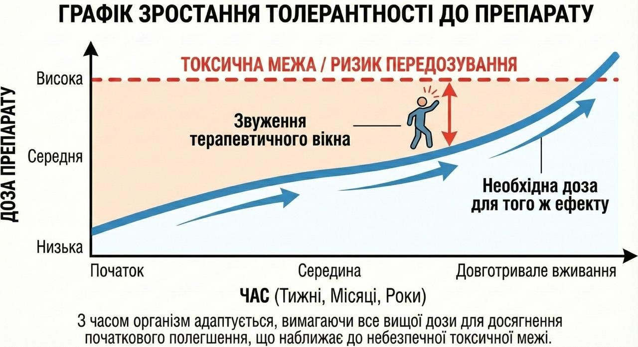 Схема, що показує, як з часом потрібна доза препарату зростає для досягнення того ж ефекту, наближаючись до токсичної межі.