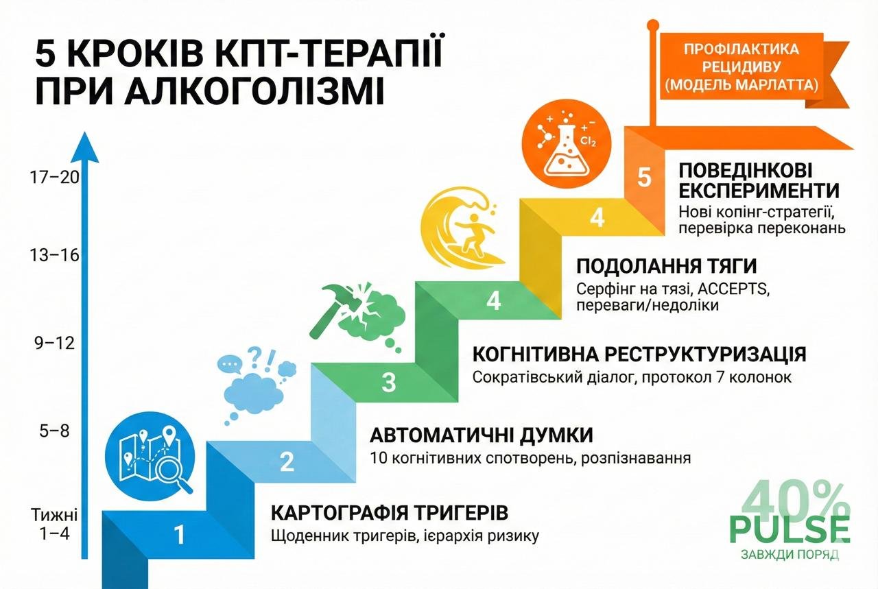 Покрокова інфографіка п'яти кроків КПТ при алкоголізмі: картографія тригерів, автоматичні думки, когнітивна реструктуризація, подолання тяги, поведінкові експерименти