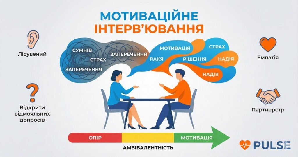Мотиваційне Інтерв’ювання (МІ): Як цей метод допомагає людині “дозріти” до лікування та подолати внутрішній опір.