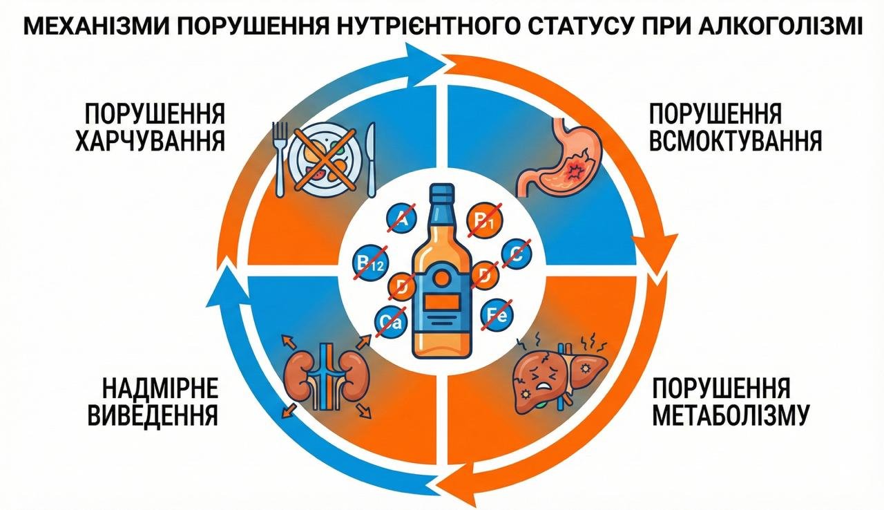 Схема чотирьох механізмів порушення засвоєння вітамінів і мікроелементів при хронічному алкоголізмі: порушення харчування, пошкодження кишечника, ураження печінки та надмірне виведення нирками
