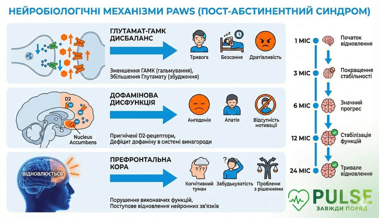 Інфографіка нейробіологічних механізмів пост-абстинентного синдрому PAWS: дисбаланс глутамат-ГАМК, зниження дофаміну та порушення префронтальної кори після відміни алкоголю