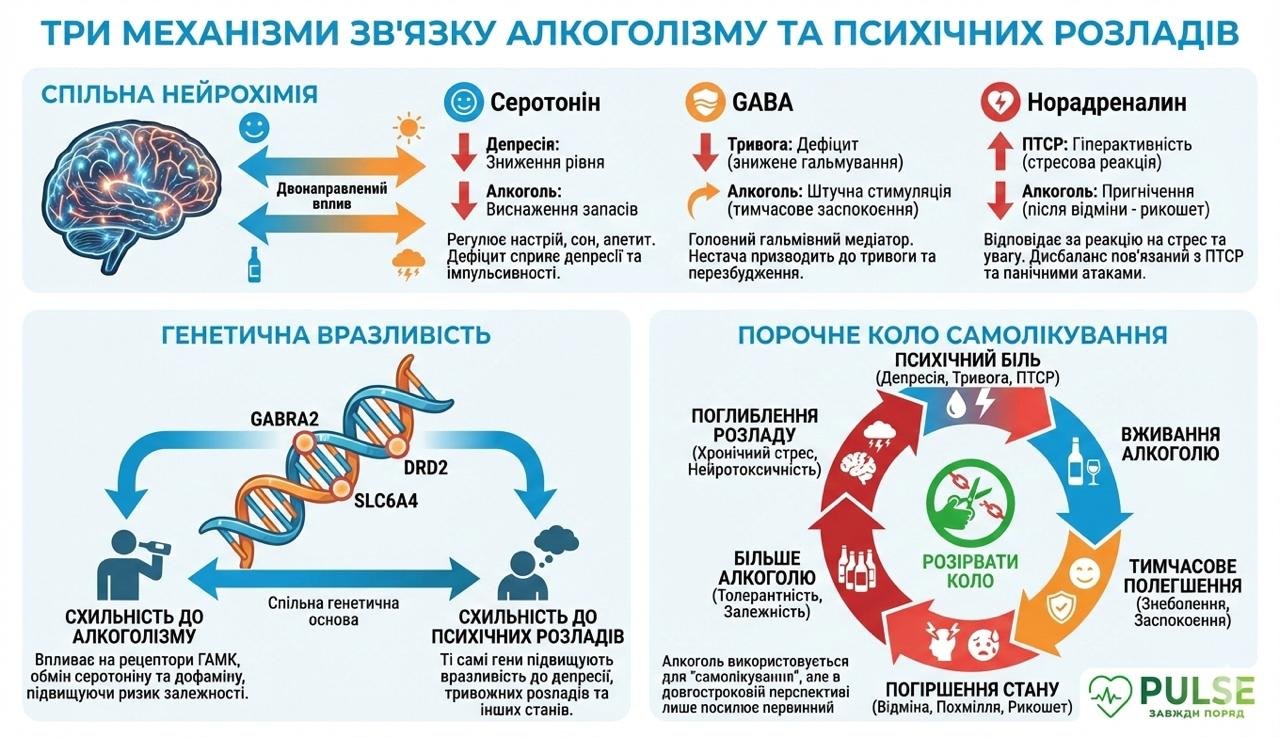 Інфографіка механізмів взаємозв'язку алкоголізму з депресією, тривожними розладами та ПТСР: нейрохімічні шляхи, генетична вразливість та порочне коло самолікування