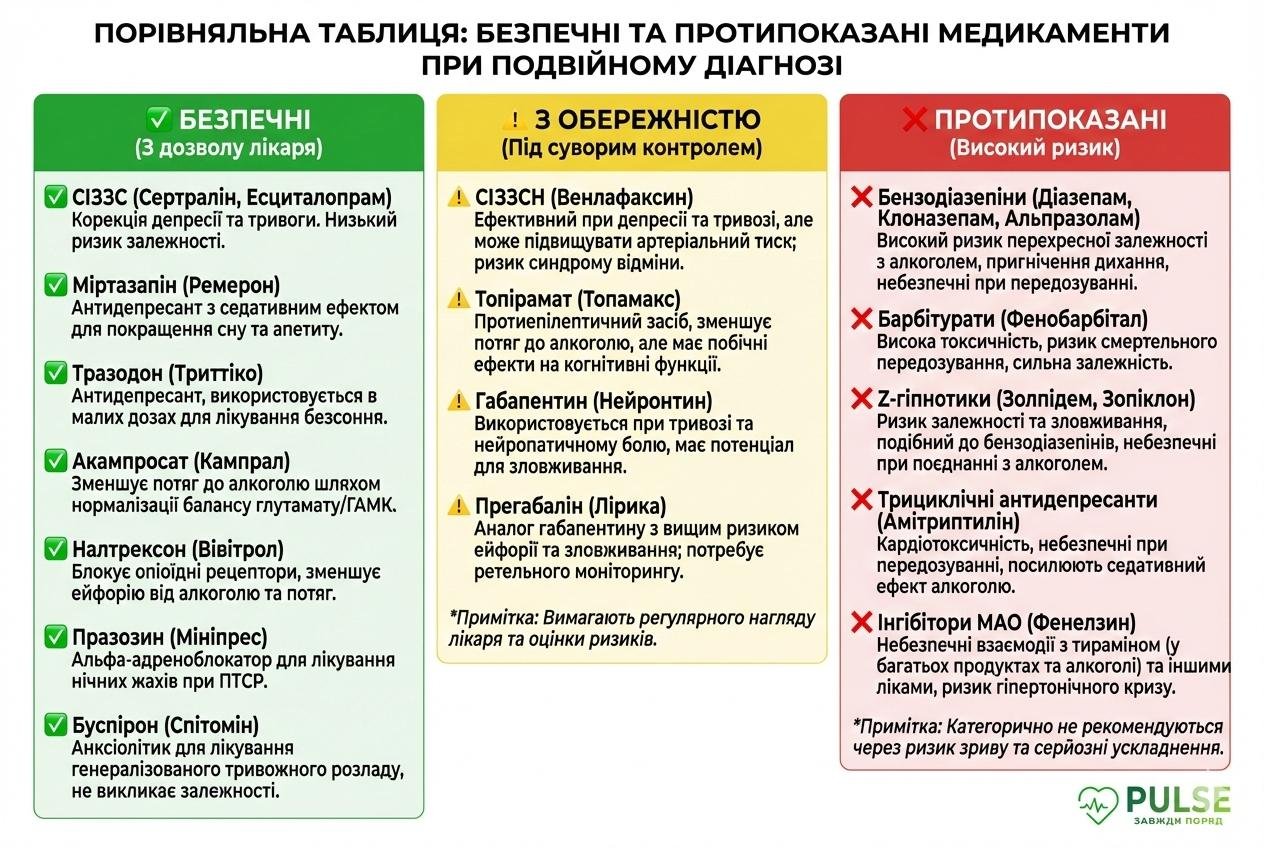 Порівняльна таблиця безпечних та протипоказаних медикаментів при подвійному діагнозі: антидепресанти, анксіолітики та антиалкогольні препарати з позначенням рівня безпеки
