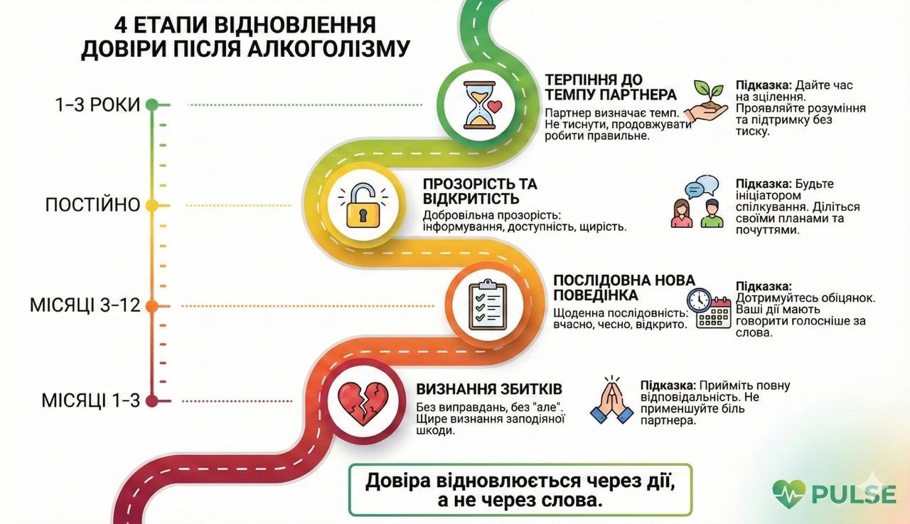 Інфографіка чотирьох етапів відновлення довіри в сім'ї після лікування алкоголізму: визнання збитків, послідовна нова поведінка, прозорість та терпіння до темпу партнера