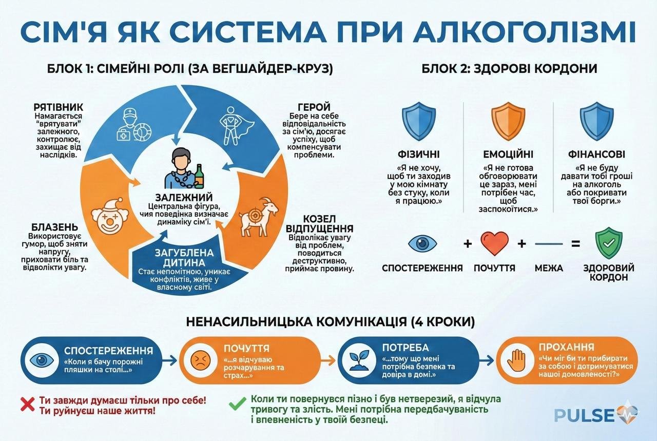 Інфографіка впливу алкоголізму на дітей та родину: деструктивні сімейні ролі, вплив на дітей, здорові кордони та модель ненасильницької комунікації — покроковий план сімейного одужання