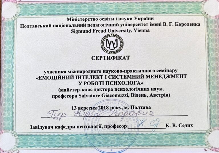 Сертифікат учасника міжнародного науково-практичного семінару «Емоційний інтелект і системний менеджмент у роботі психолога» — ПНПУ ім. В.Г. Короленка, Sigmund Freud University (Відень), Гур Юрій Ігорович, 13 вересня 2018
