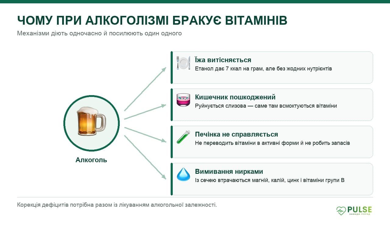 Схема чотирьох механізмів дефіциту вітамінів при алкоголізмі: їжа витісняється, пошкоджений кишечник, печінка не справляється, вимивання нирками