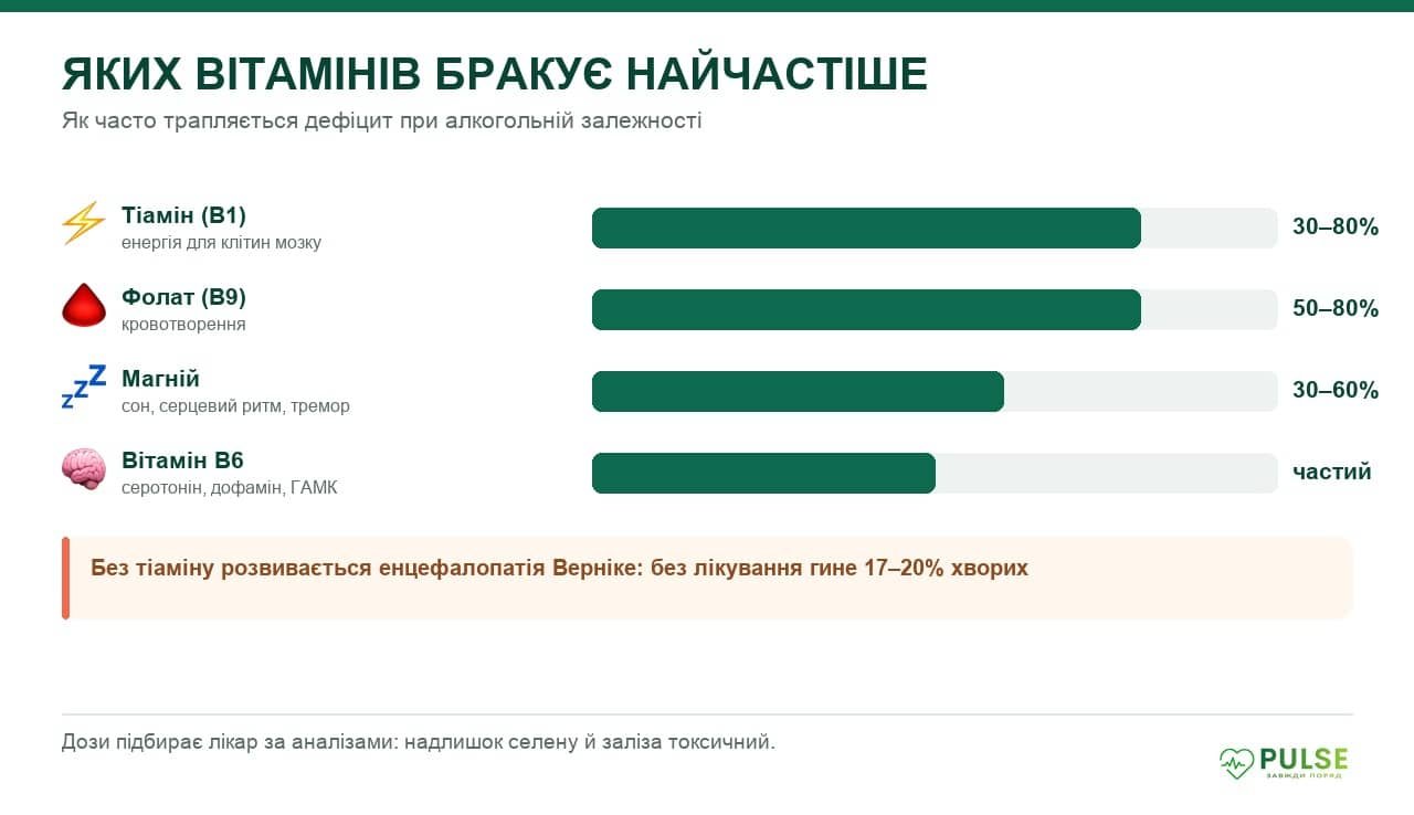 Діаграма частоти дефіцитів при алкогольній залежності: тіамін 30-80%, фолат 50-80%, магній 30-60%